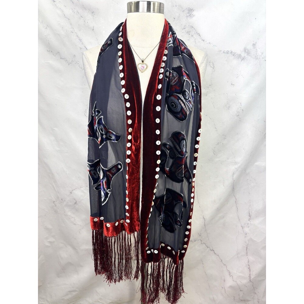 Vintage 90s Native Burnout Velvet Fringe Scarf Wrap Orca Motif NWC Whimsigoth